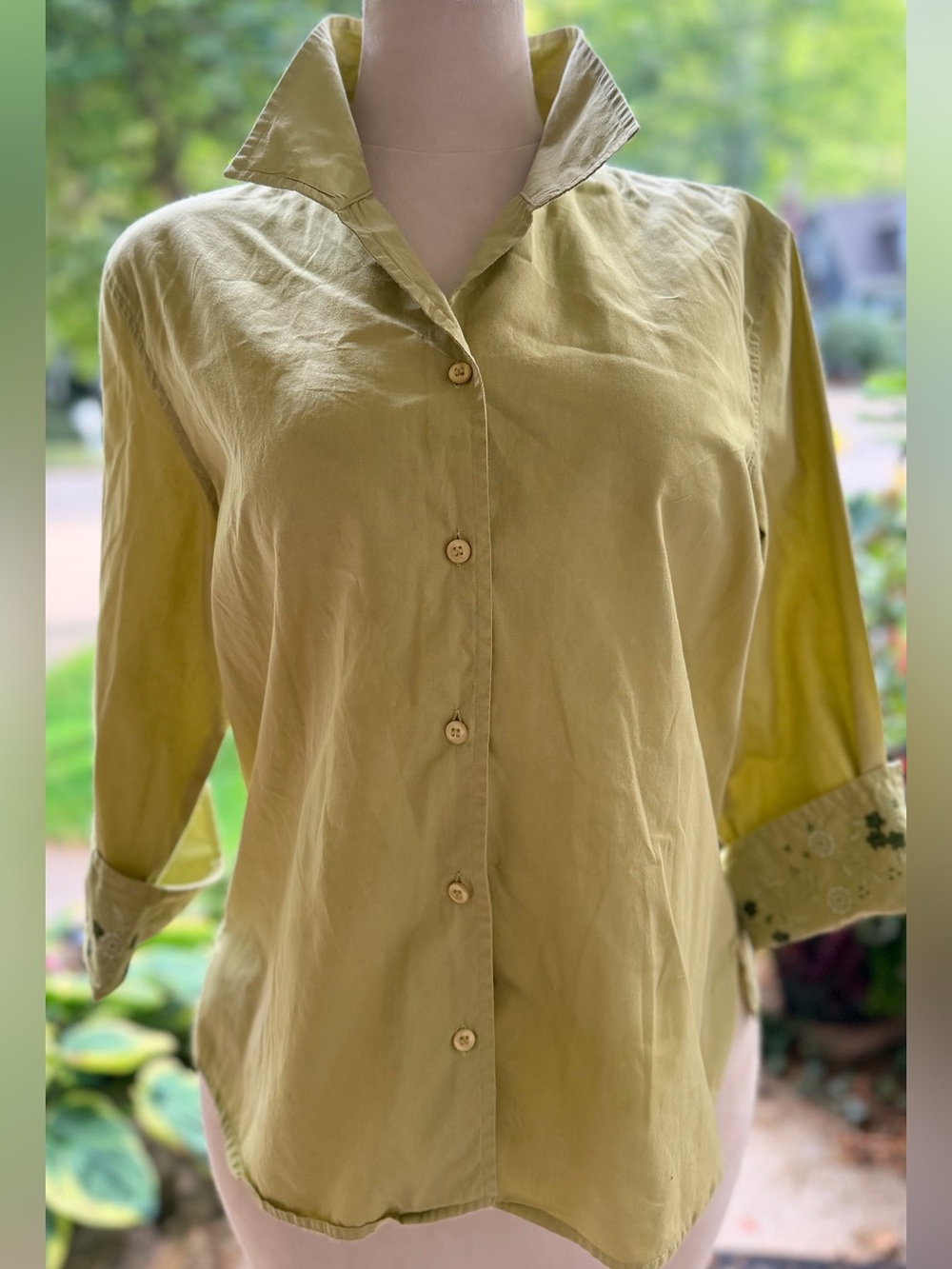 Christopher & Banks Y2K Green Embroidered Cuff Button Down Shirt M Whimsigoth
